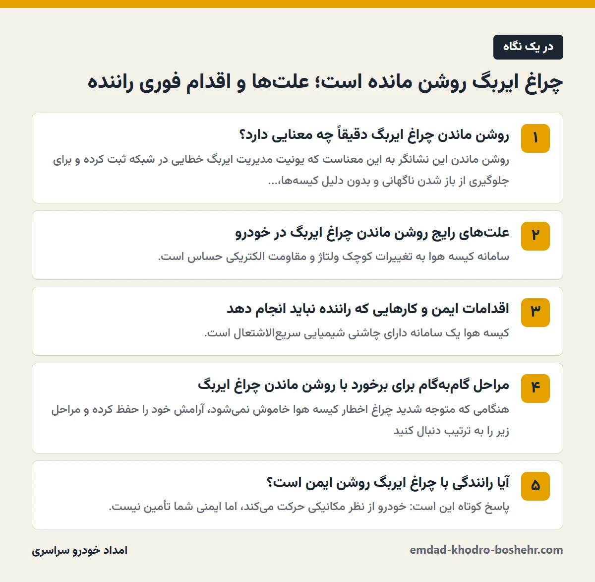چراغ ایربگ روشن مانده است؛ علتها و اقدام فوری راننده در یک نگاه