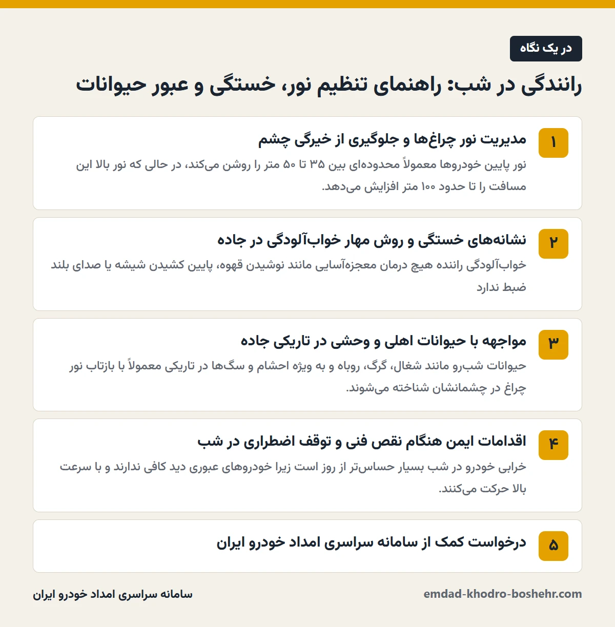 رانندگی در شب: راهنمای تنظیم نور، خستگی و عبور حیوانات در یک نگاه
